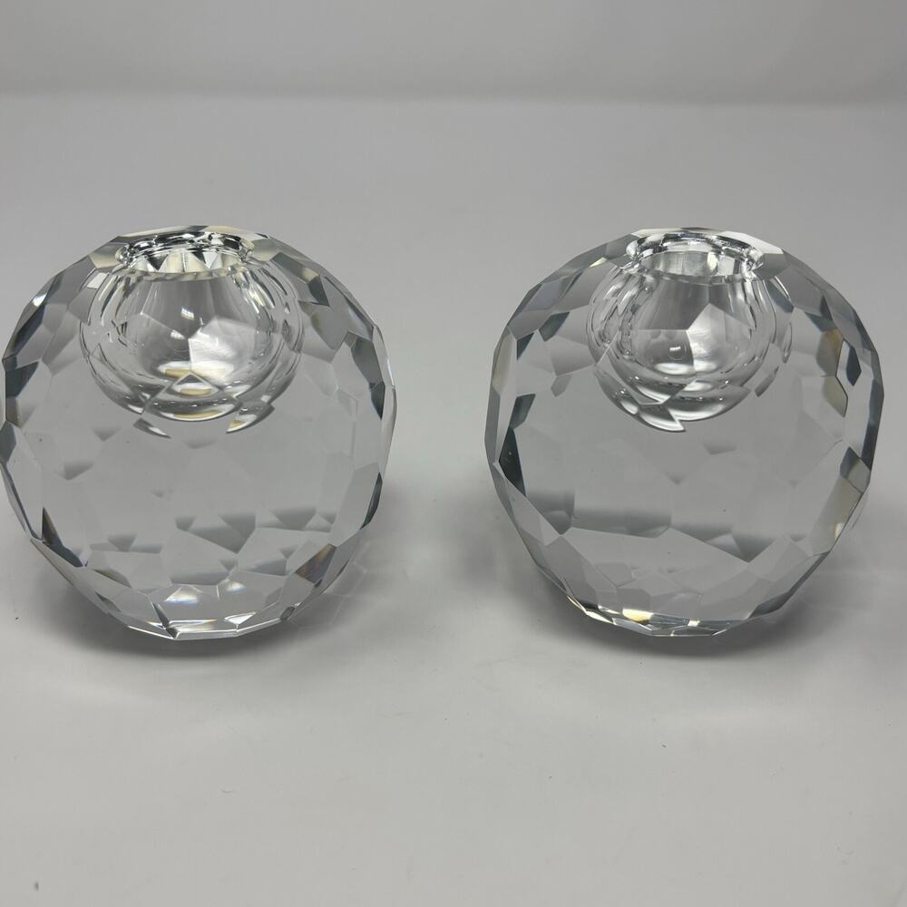 Tiffany & Co Crystal Candle Holders Clear Round Faceted Geometric Pair *READ*